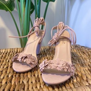 Nude light pink floral ankle wrap heel